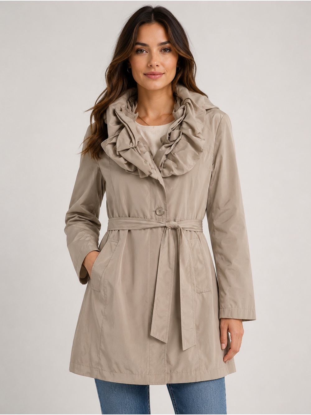 Weatherproof Ruffle-Collar Trench Coat in Taupe